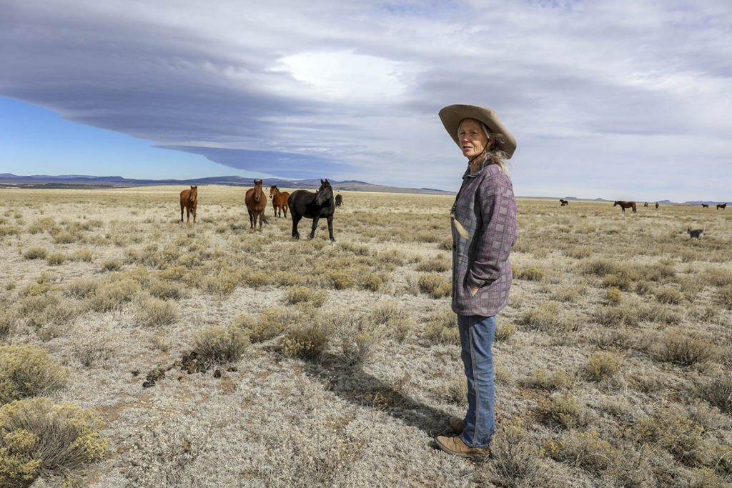 Woman in a hat stands in front of several wild horses.