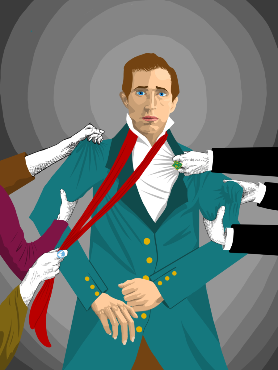 Illustration of a man in a green coat with six hands pulling at him in different directions.