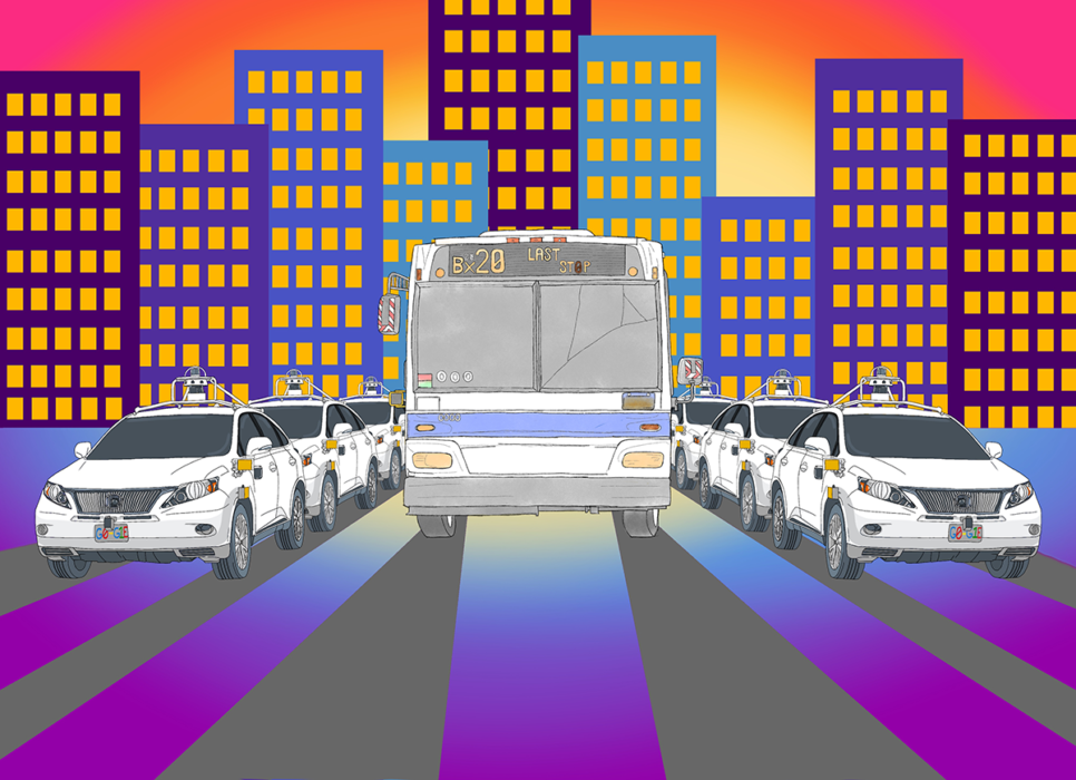 Illustration of a bus surrounded by self-driving cars.