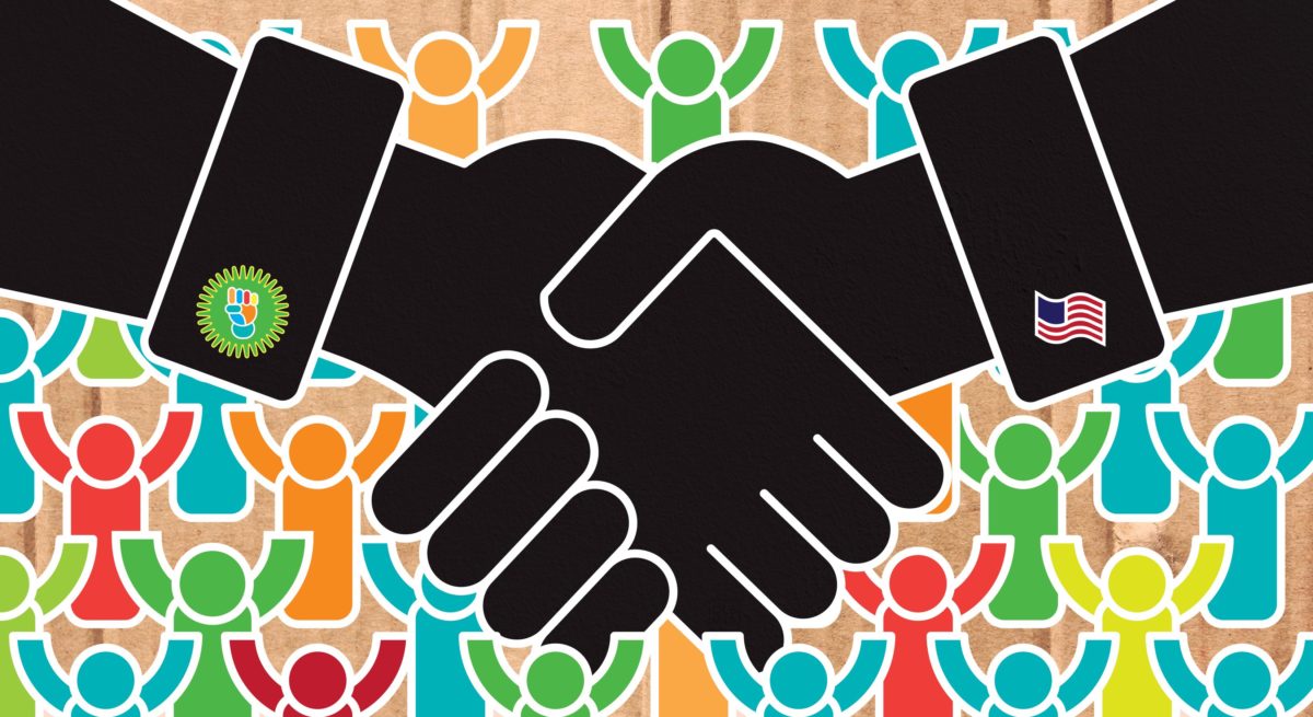Illustration of two hands shaking in front of multi-colored people.
