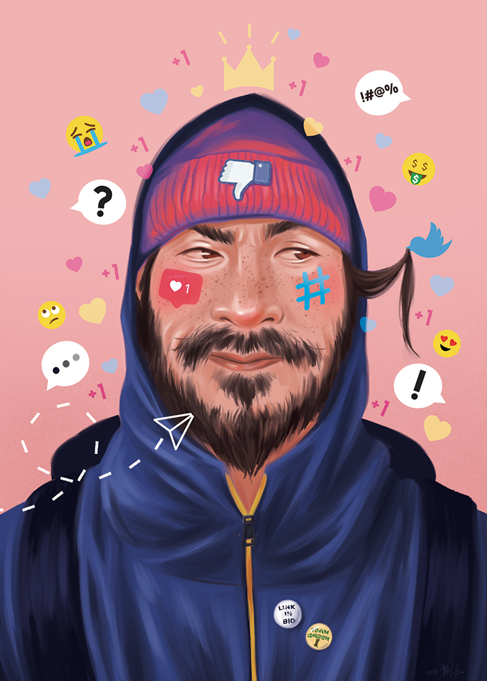 Illustration of an Asian man's face, wearing a hoodie and a beanie and a hiking pack, on a pink background with social media symbols around him.